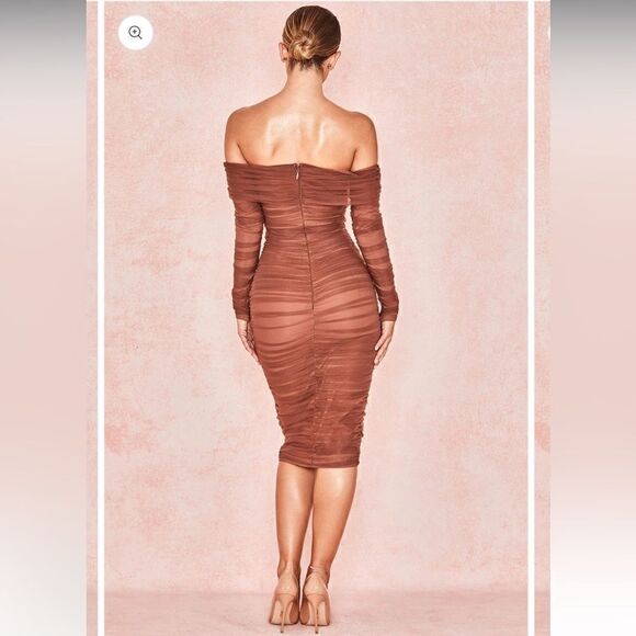 SEPIA BOUTIQUE Maisie Dress Brown Tulle Off Shoulder Bodycon - Picture 2 of 15